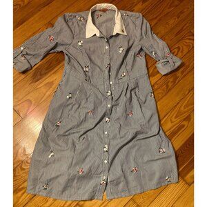 ModCloth Navy Pinstripe Button Down Shirt Dress with Floral Embroidery